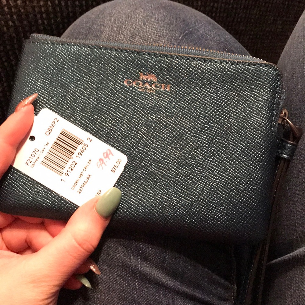 NWT Coach Metallic Teal Wristlet